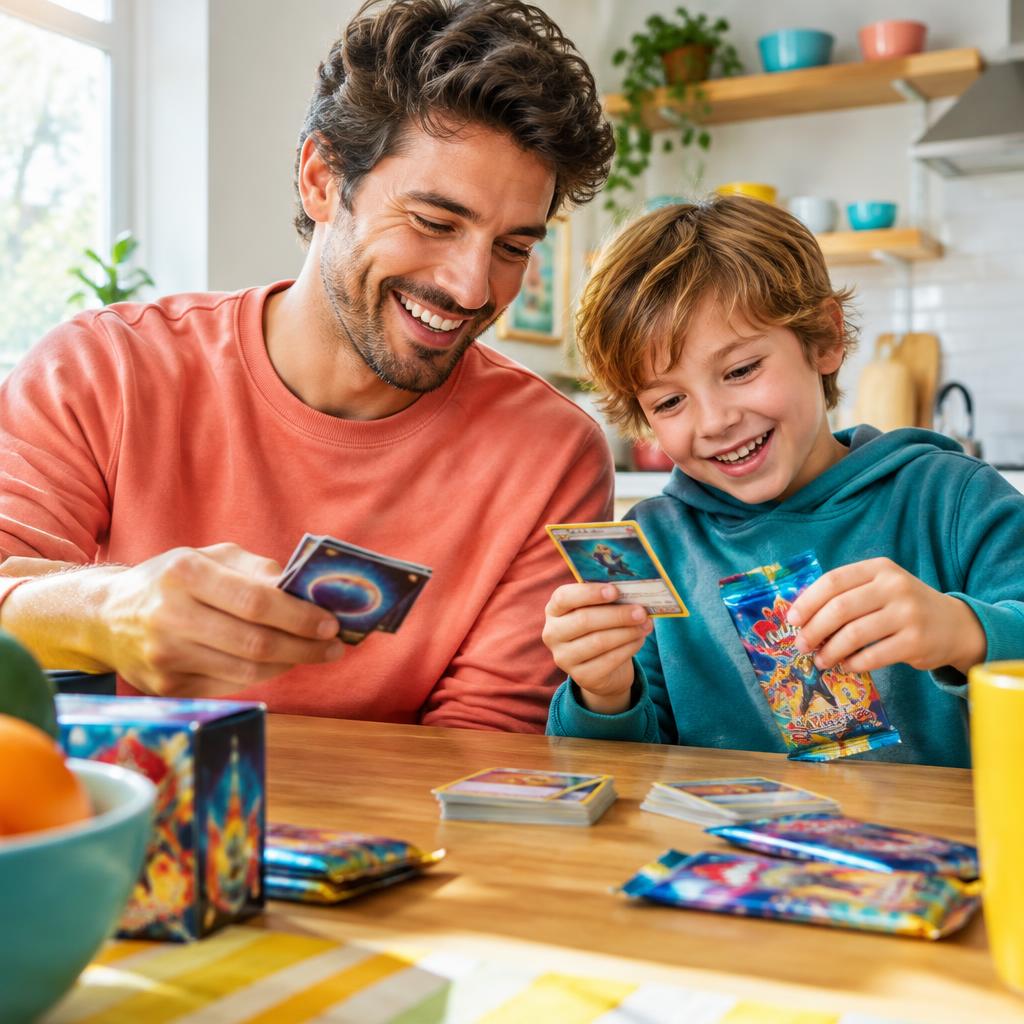 Parent and child enjoying trading cards